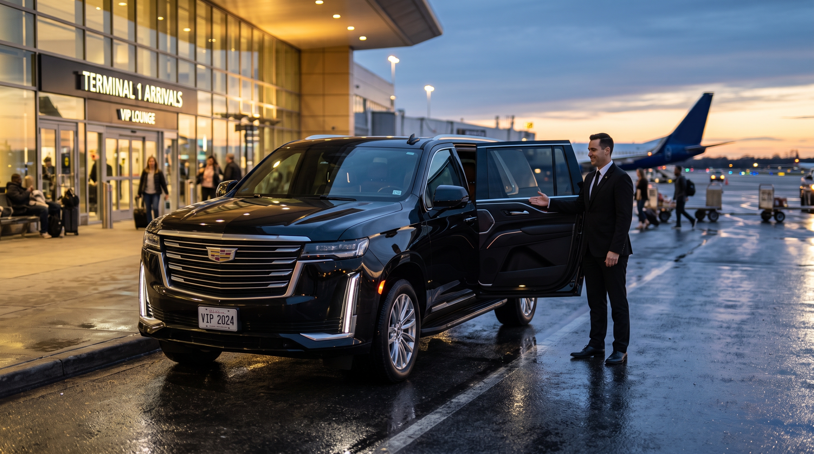Black luxury limousine with chauffeur at airport arrivals