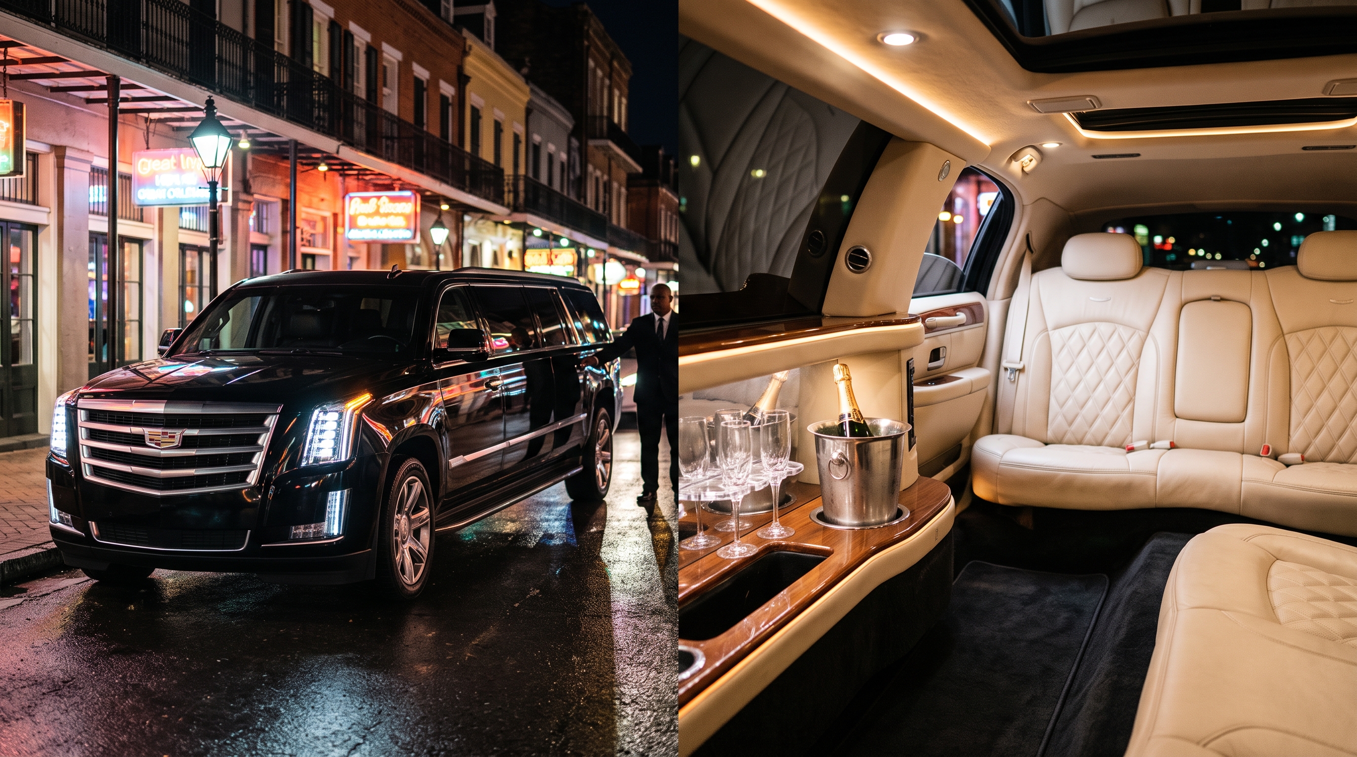 Custom luxury limousine interior with champagne
