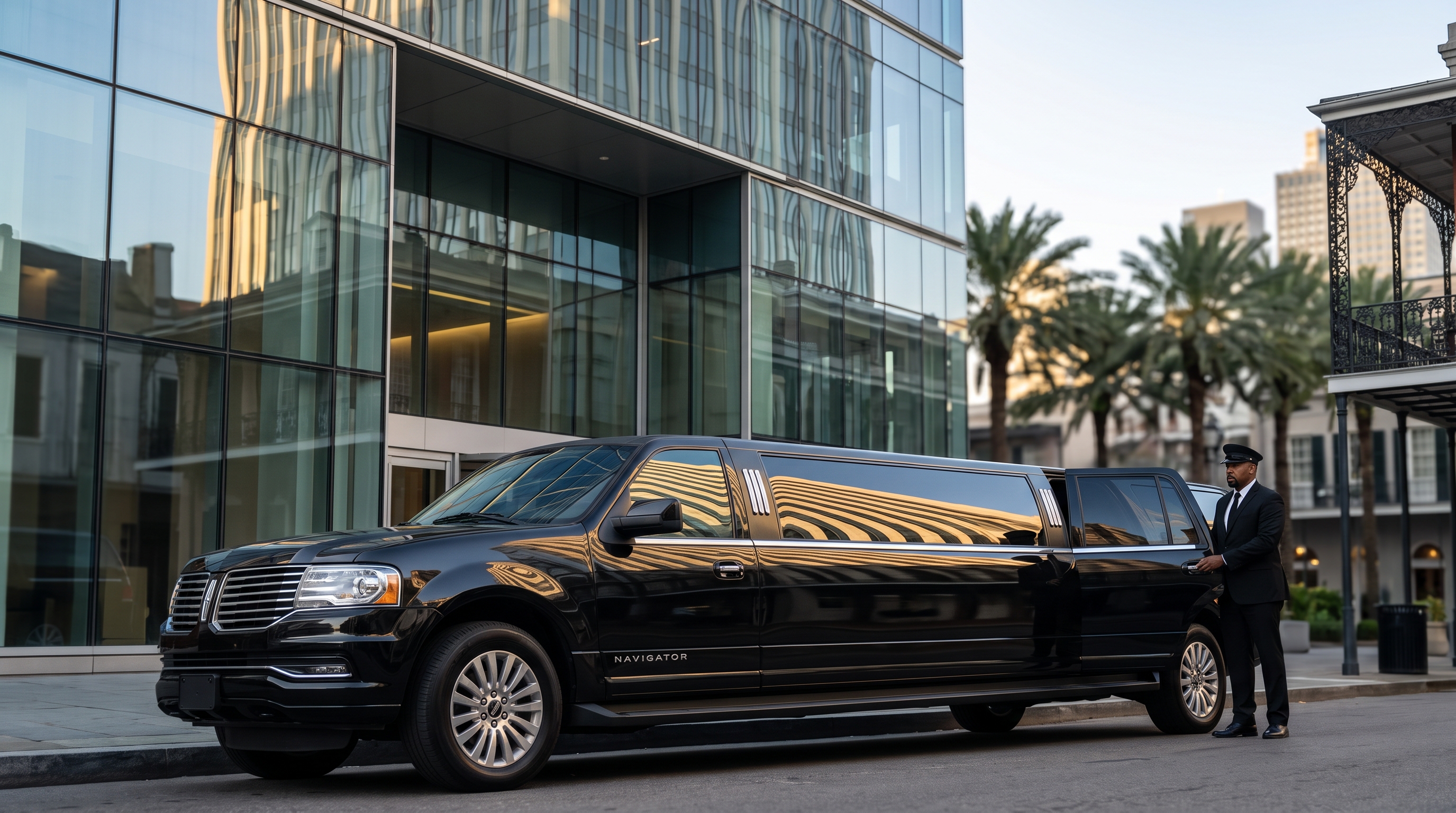 Executive black limousine with chauffeur at office tower