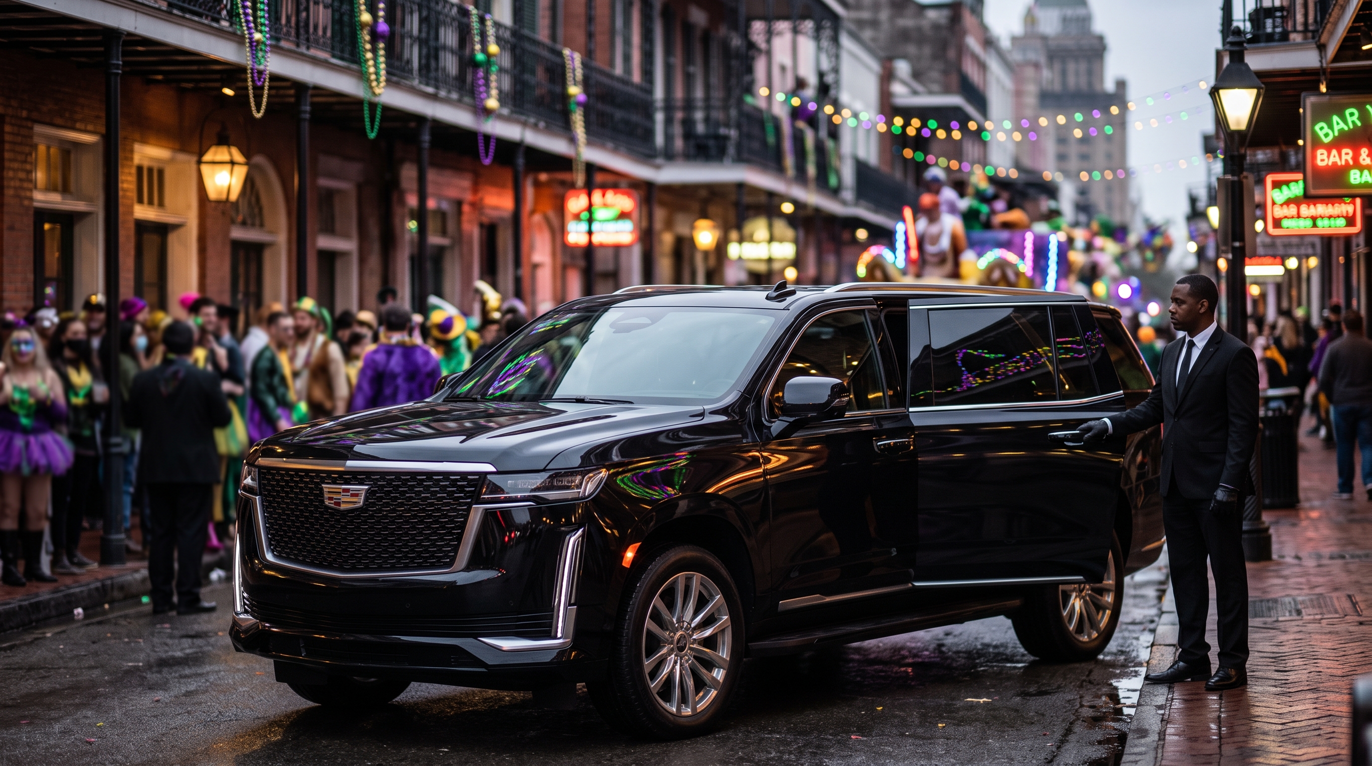 Black luxury limousine during Mardi Gras in New Orleans