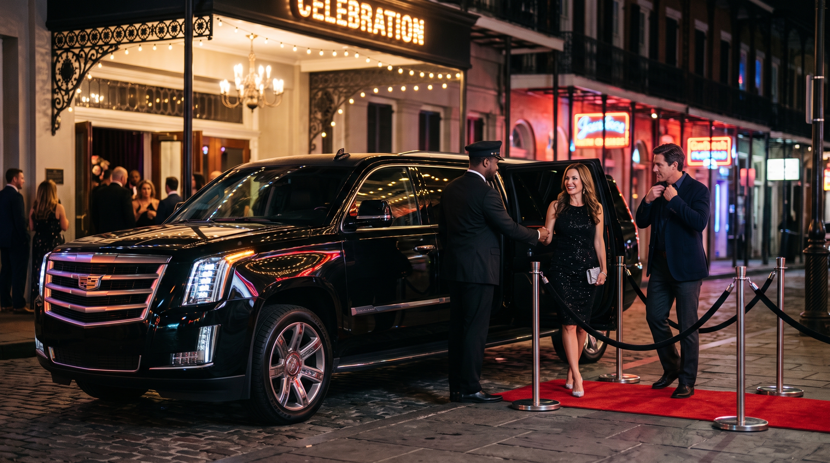 Black stretch limousine arriving at a night event
