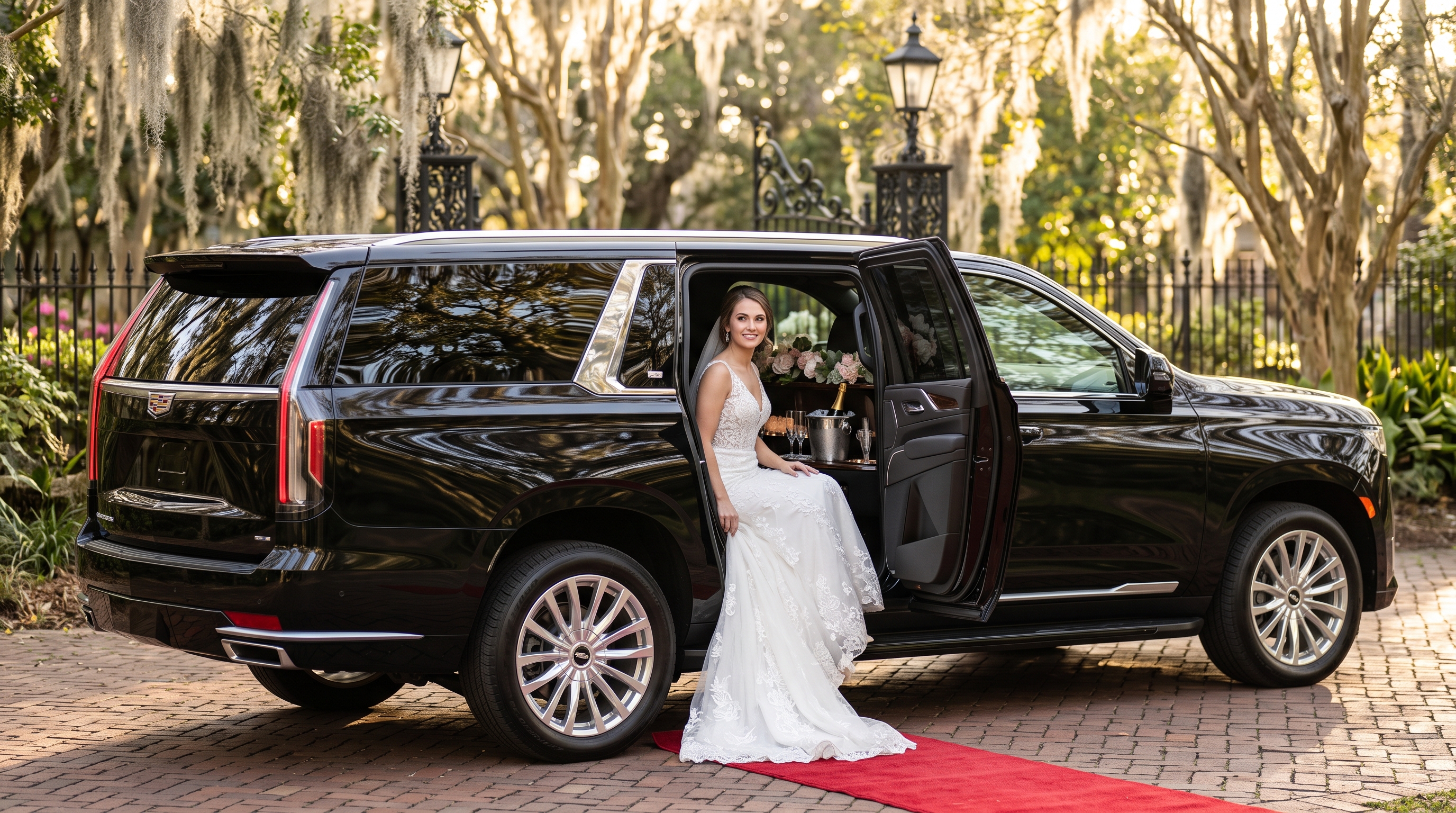 Bride stepping from a black luxury wedding limousine